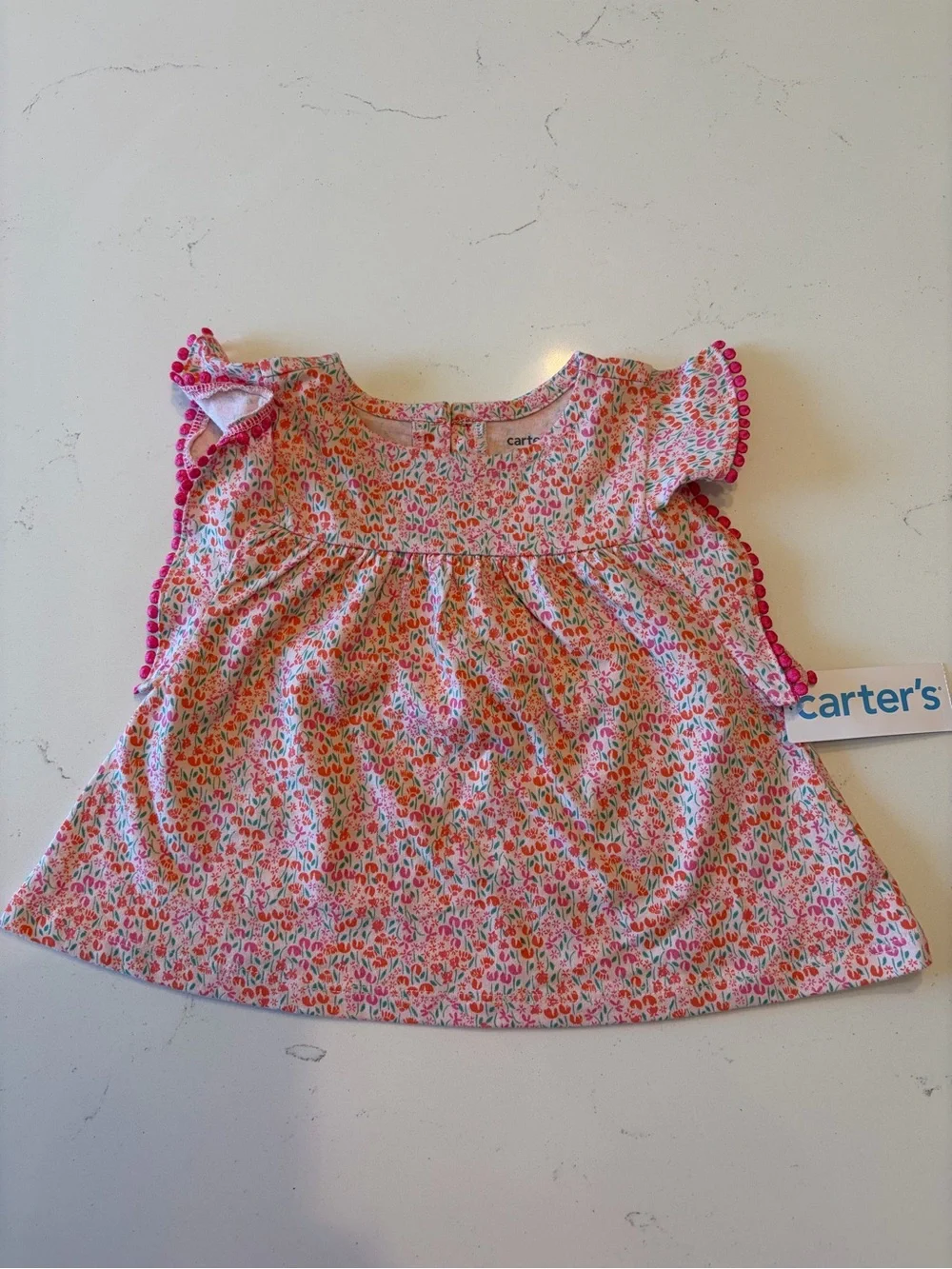 Carter's Pink Floral Pom-Trim Flutter Sleeve Top